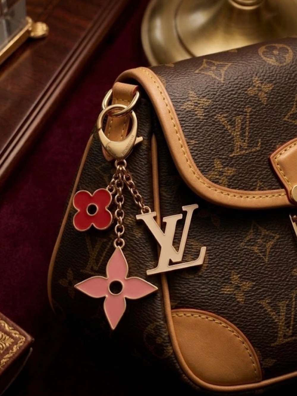 Unbranded Luxury Bag Charm Keychain  Monogram And Bright Rose And Pink Motifs